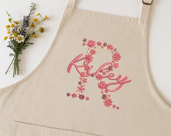 Personligt broderat köksförkläde med blommigt namn, present till bagare, köksförkläde, köksklotterförkläde, broderat anpassat köksförkläde