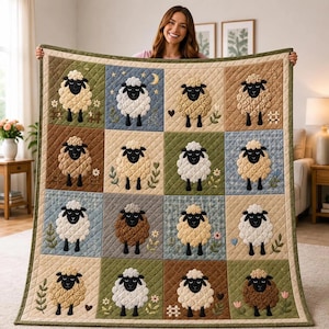 Sheep Quilt Blanket, Farmhouse Throw Blanket, Cute Lamb Patchwork Quilt, Rustic Country Bedding, Sheep Decor, Cozy Animal Blanket Gift