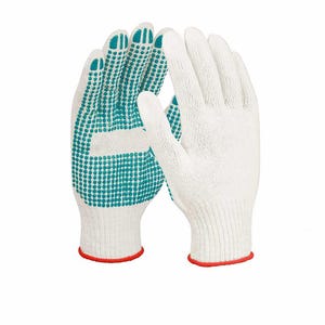 May include: White work gloves with teal dotted grip patterns on the palms and fingers. The gloves have a red trim at the wrist. These gloves are designed for general purpose use.