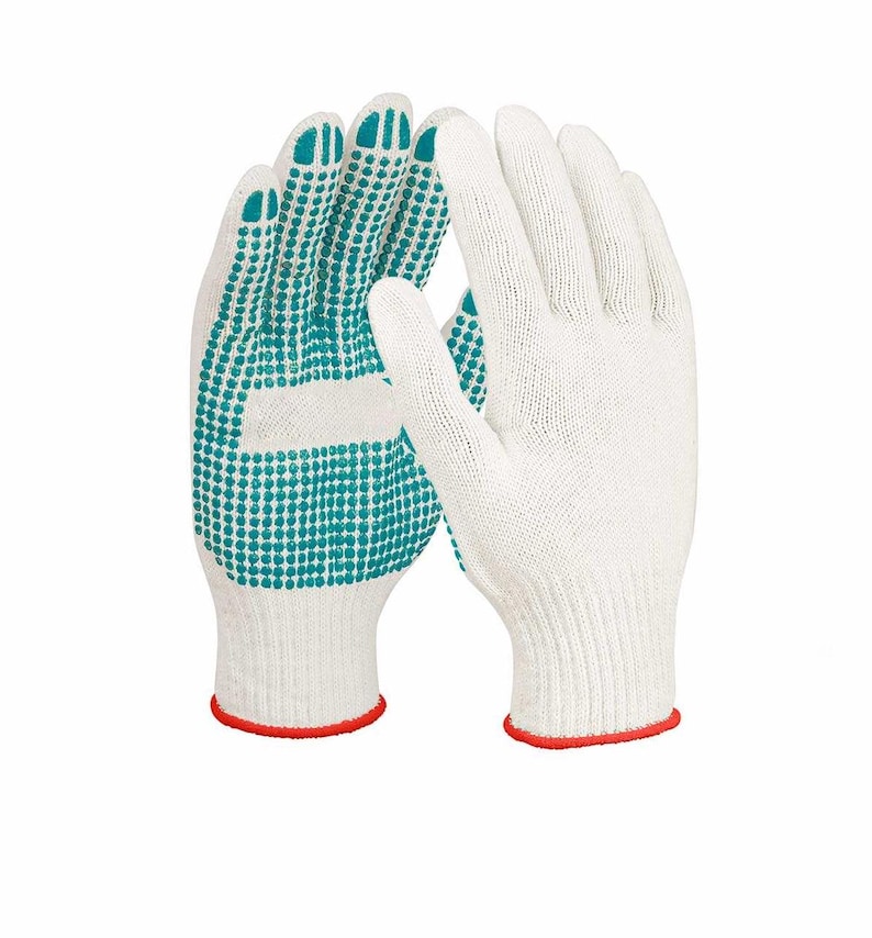 May include: White work gloves with teal dotted grip patterns on the palms and fingers. The gloves have a red trim at the wrist. These gloves are designed for general purpose use.