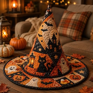 Peut inclure: Un chapeau de sorcière matelassé avec un motif patchwork aux couleurs orange, noir et crème. Le tissu présente des motifs de chats noirs, fantômes, citrouilles, chauves-souris, étoiles et une maison hantée. Le chapeau est conique et large.