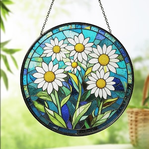 Daisy Flowers Stained Glass Window Hanging - Bright Floral Suncatcher for Home Decor