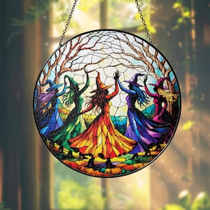 Hexen-Buntglas-Sonnenfänger, gruselige Halloween-Fensterdekoration, gotischer Hexen-Hausakzent, Halloween-Hexenverzierung, magisches Herbstgeschenk