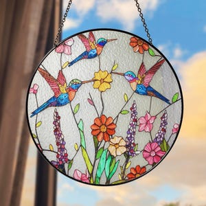 Hummingbirds Stained Glass Suncatcher, Indoor Home Decor, Wildflowers Window Hanging, Gifts for Her, Hummingbird Sun Catcher, Birds Decor