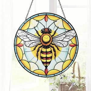 Bee Stained Glass Suncatcher – Honeybee Window Hanging Decor, Nature Insect Sun Catcher Gift, Garden Window Decoration