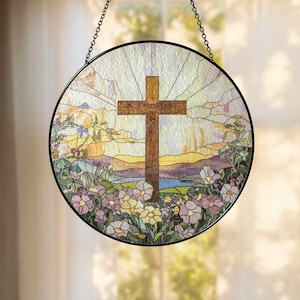 Stained Glass Cross And Wildflowers Suncatcher, Christian Glass Windows Hanging, Flower Cross Gift For Religious, Christian Faith Home Decor