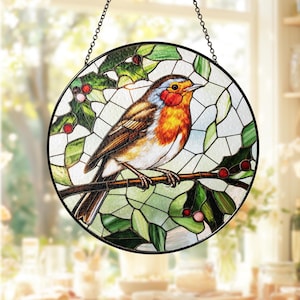 Robin Bird Stained Glass Suncatcher, Michigan Bird Flower Natural Art, Anniversary Gift Birthday Gift For Mom Grandma Gardening Lover Gift