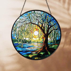 Weeping Willow Stained Glass Suncatcher, Willow Window Hanging Decor Gift, Willow Sun Catcher Decor, Gift for Her, Home Decoration Gifts