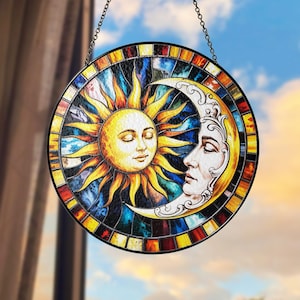 Sun & Moon Stained Glass Suncatcher, Sun and Moon with Faces Window Hanging, Light Catcher Home Decor, Celestial Gift