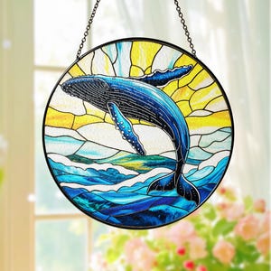 Ocean Humpback Whale Stained Glass Suncatcher, Ocean Window Hanging, Beach Home Decor, Whale Lover Gift, Gift for Her
