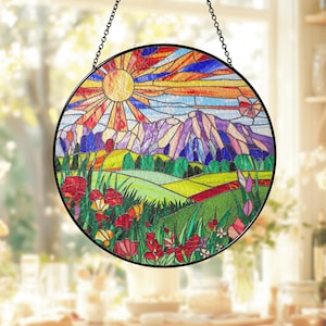 Mountain Wildflowers Stained Glass Suncatcher Ornament, Nature Sun Catcher For Window Hanging, Stained Glass Window Decor, Gift For Her