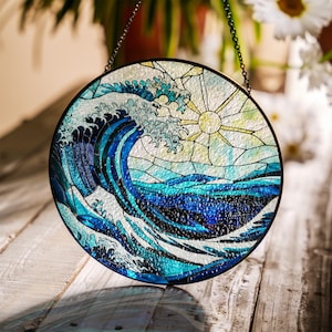 Ocean Waves Stained Glass Suncatcher,Ocean Wave Wall Art Window Hanger,Ocean Suncatcher Gift,Beach Decor,Coastal Suncatcher,Beach Lover Gift