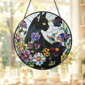 Cat Flower Glass Suncatcher, Black Cat Glass Art, Tabby Cat Window Hangings, Cat Lover Gift, Cat Wall Hanging, Gift for Cat Lovers