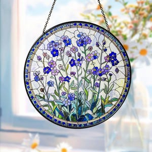 Forget Me Not Stained Glass Suncatcher, Window Hanging Decor, Floral SunCatcher, Nature Inspired Art, Botanical Glass Ornament, Gift for Her
