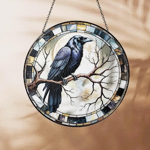 Raven Stained Glass Suncatcher, Gothic Crow Window Hanging, Unique Indoor Home Decor, Halloween Gift, Housewarming Gift Idea for Dark Theme