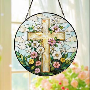 Christian Cross Wildflower Stained Glass Sucatcher, Window Decor, Floral Suncatcher, Religious Gift, Jesus Home Decor, Easter Faith Cross