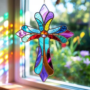 Cross Christian Acrylic Suncatcher – Religious Window Hanging, Stained Glass Style Cross, Thanksgiving & Christmas Home Decor