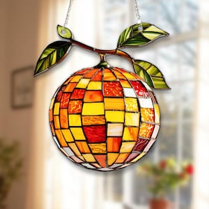 Orange Disco Ball Acrylic Suncatcher – Faux Stained Glass Fruit Window Hanging, Glitter Citrus Summer Decor, Funky Retro Home Accent