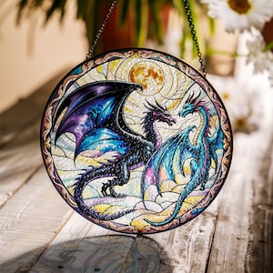 Fourth Wing Dragon Suncatcher Ornament, Tairn & Andarna Ornament for Readers, Book Lover Gift, Holiday Ornament, Onyx Storm Stained Glass