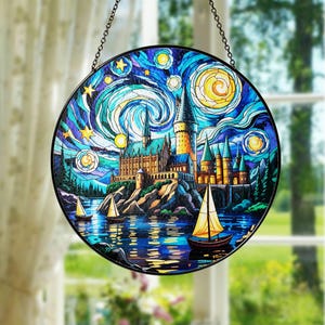 Wizard School Stained Glass Suncatcher, Enchanted Castle Stained Glass Suncatcher – Christmas Window Decor for Book Lovers & Fantasy Fans