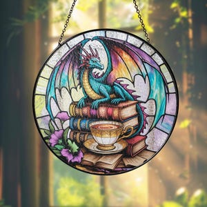Dragon Stained Glass Suncatcher, Fantasy Book Lover Decor, Tea and Coffee Art, Mystical Window Hanging, Gift for Readers