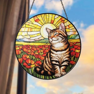 Tabby Cat Glass Suncatcher, Orange Poppies and Cat Suncatcher, Tabby Cat Hanging Window, Unique Cat Lover Gift, Flowers Field Suncatcher