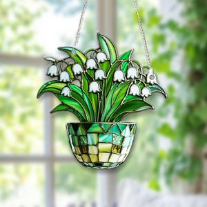 Lily of the Valley Flower Vase Suncatcher, Acrylic Window Hanging, May Birth Month Flower Ornament, Floral Window Home Decor Gift
