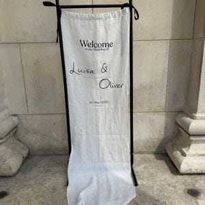 Panneau de bienvenue de mariage moderne en tissu de lin imprimable individuellement
