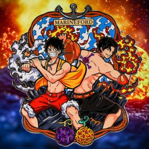 May include: A colorful enamel pin featuring two anime characters, Ace and Luffy, from the popular series One Piece. The pin depicts them in a dynamic pose with flames and smoke surrounding them. The background features a map of Marineford, a key location in the series. The pin also includes the iconic Devil Fruit symbols, the Mera Mera no Mi and the Gum-Gum Fruit.