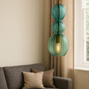 Hand Blown Green Glass Pendant Light | Modern Teardrop Hanging Lamp | Ceiling Fixture for Kitchen.