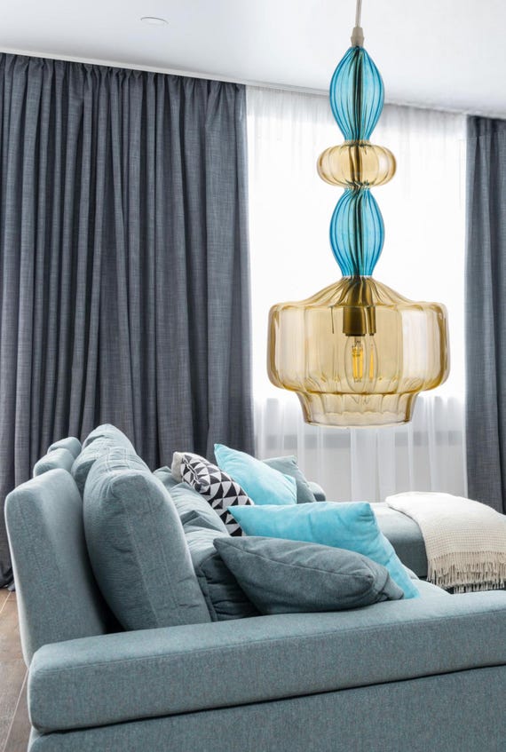 Hand Blown Glass Pendant Light Turquoise Amber Mid-century