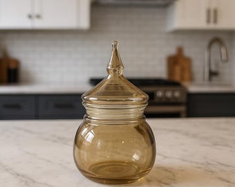 Hand Blown Amber Glass Candy Jar | Kitchen Storage | Sugar, Coffee Jars | Holiday Candy Container.