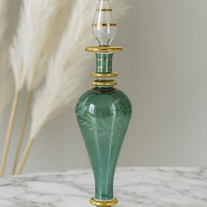 Handblown Green Glass Perfume Bottle | Gold Accents, Etched Leaf Design | Refillable Bottles | Glass art.