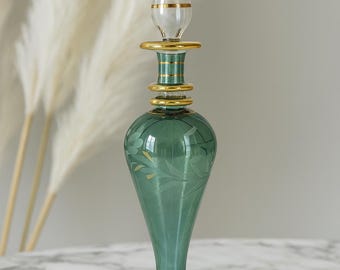 Handblown Green Glass Perfume Bottle | Gold Accents, Etched Leaf Design | Refillable Bottles | Glass art.