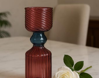 Hand-Blown Two-Tone Glass Vase | Burgundy & Blue Art Decor | Decorative Vase for flowers | Unique Vases.