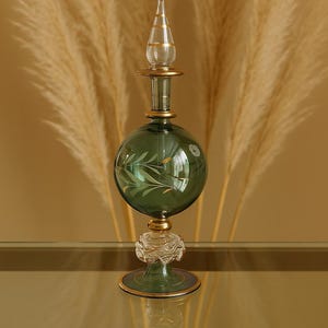 Handblown Green Glass Perfume Bottle | Etched Leaf Design, Gold Accents | Refillable Engraved bottle.