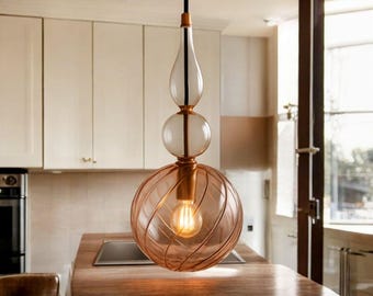 Heldere en amberkleurige glazen plafondlamp | Handgeblazen hanglamp | Globe-kroonluchter | Moderne lampen.