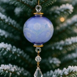 Lavender Blue Glass Christmas Ornaments, Handmade Ornament for Holiday Decorations, Engraved glass Ornament for Christmas tree, Glass Bauble