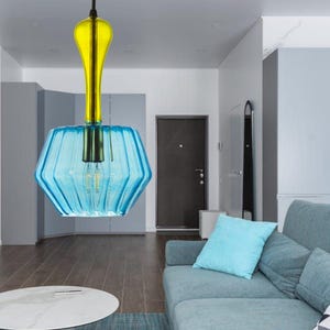 Hand-Blown Glass Pendant Light, Modern ceiling light, Blue & Amber Art Deco, unique lighting  fixture for living room, kitchen, Entryway.