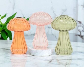 Handblown Glass Mushroom Vase Set | Ribbed Pastel Decor | Set of 3 | Glassware for Flowers.