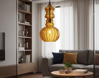 Handgeblazen hanglamp van amberkleurig glas | Moderne geribbelde hanglamp | Plafondlamp voor hal.