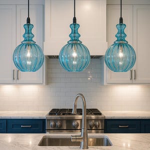 Set of Three Glass Pendant Lights | Hand blown Ceiling light | Kitchen Lighting | Hanging lights.