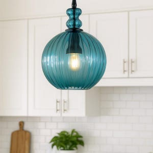 Handblown Turquoise Glass Pendant Light | Modern Kitchen Island Chandelier |  Hanging Light Fixture for Entryway.