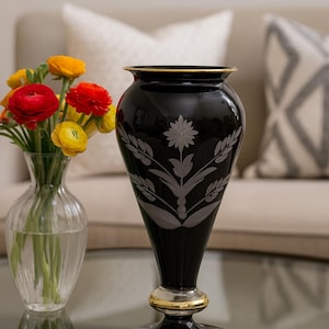 Handblown Black Glass Vase | Etched Floral Design, Gold Accents | Decorative glassware | centerpiece vase.