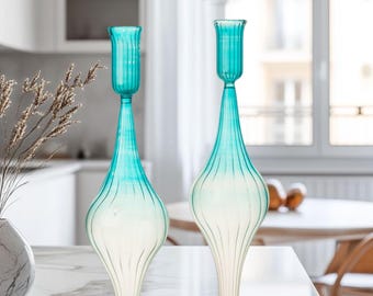 Hand Blown Glass Candle Holder Set | Ribbed Pedestal Design | Elegant Art Decor | Romantic decor.