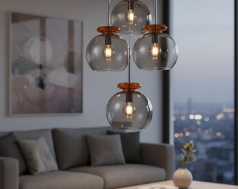 Hand-Blown Glass Pendant Light Set | Smoky Gray & Amber Globe Light Fixture | Kitchen Island Lighting.