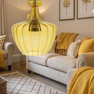 Handblown Amber Glass Pendant Light, Vintage Style Ribbed Art Glass Shade, ceiling lighting fixture for kitchen island, Dining, Living Room