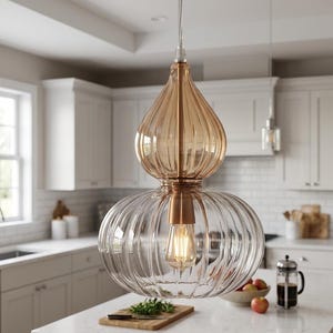 May include: A double-tiered pendant light fixture featuring a top section of amber-tinted glass and a larger bottom section of clear glass. Both sections have a vertical ribbed texture and are connected by a central metallic bronze-toned hardware.