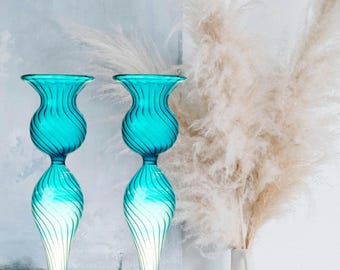 Hand Blown Glass Candlestick Set | Ribbed Pedestal Design | Elegant Art Decor | Centerpiece | Candle Holder.