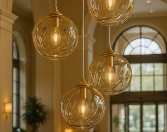 Hand-Blown Amber Glass Globe Pendant Lights - Gold Finish (Set of 4) | Ceiling Lamps.